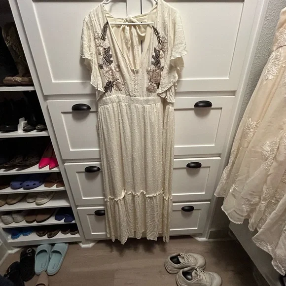 Joyfolie Cream Maxi Dress with Floral Accents - Picture 1 of 8